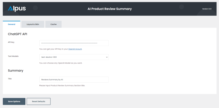 AI Product Review Summary General Options Page