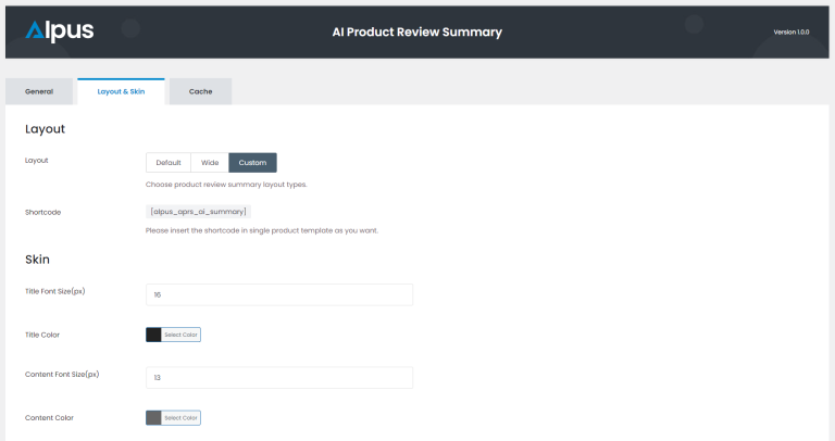 AI Product Review Summary Skin Options Page