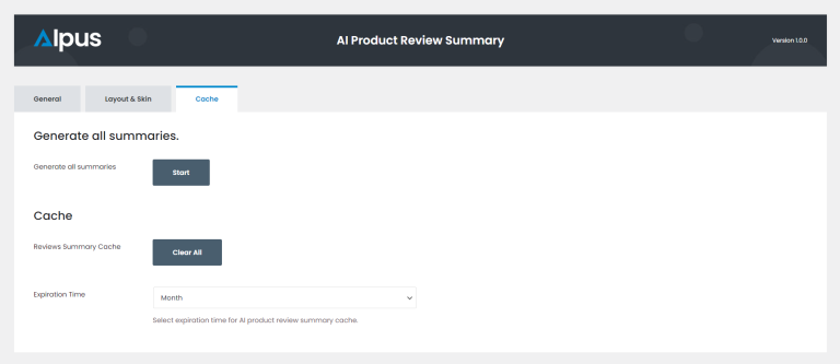 AI Product Review Summary Cache Option Page